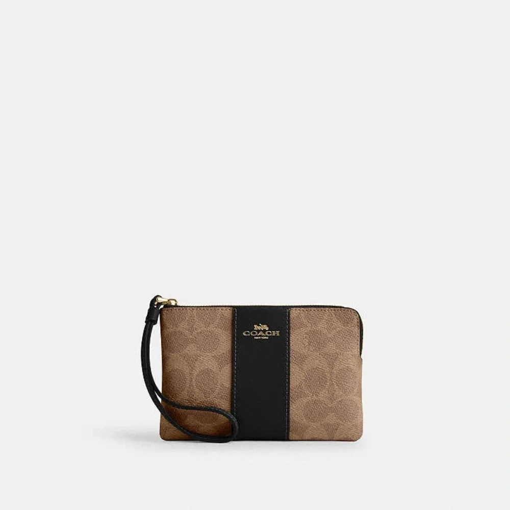 Coach Corner Zip Wristlet Signature Canvas Logo Clutch Tan Gold Black Leather - Picture 2 of 8